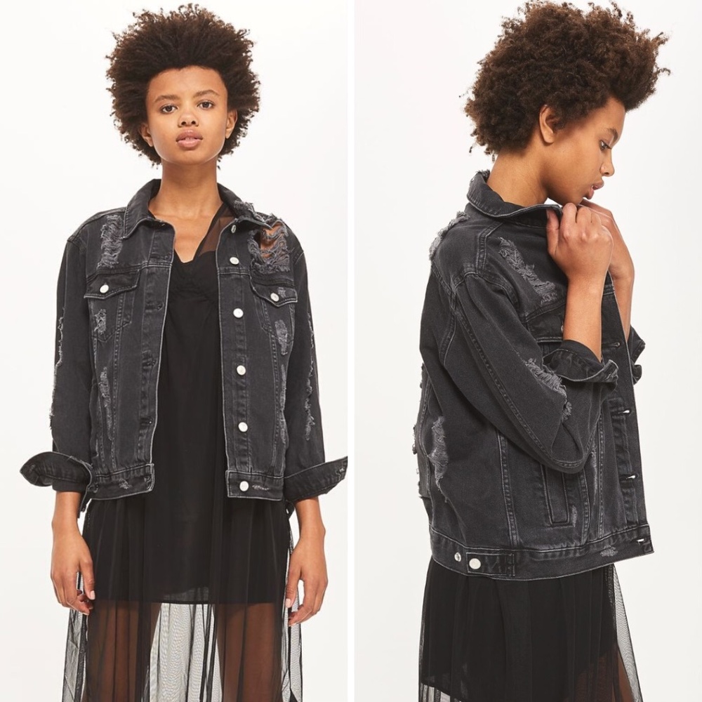 TopShop Moto Extreme Ripped Distressed Black Denim Jacket [US 8]